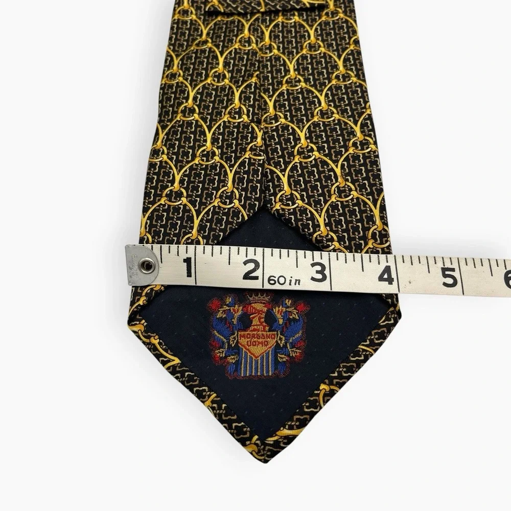 Morgano Uomo Neck Tie Black Gold Yellow Silk Made In Italy Chains Equestrian 60